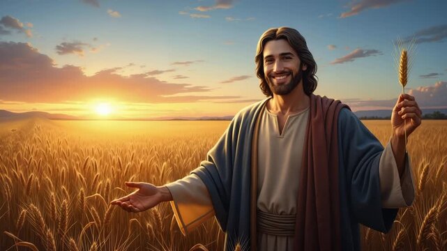 Jesus Christ standing in a golden wheat field at sunset holding a stalk of grain. Biblical concept of the Parable of the Sower and the harvest. Religious Christian background