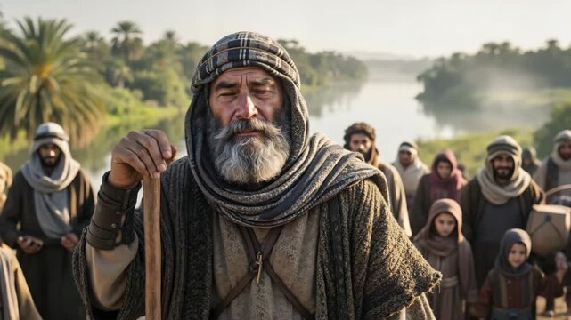 Biblical patriarch Jacob arriving in Egypt with his family. Elderly man with staff leading a tribe near the Nile river. Religious history concept