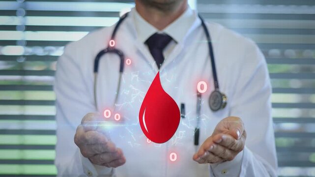 Doctor presenting blood group 0 with animated blood drop for medical, healthcare, transfusion, and donation concept. Blood type O