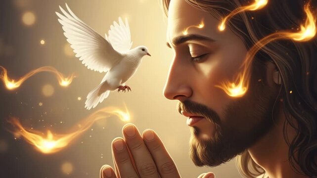 Profile of Jesus Christ praying with a white dove and glowing fire. Spiritual animation of the Messiah with the Holy Spirit symbol. Pentecost and divinity concept