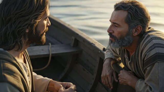 Jesus Christ teaching the apostle Peter in a wooden boat on the water. Biblical scene of the Messiah speaking to his disciple. Religious faith concept