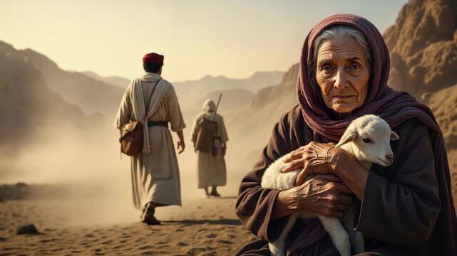 Elderly woman holding a lamb in a desert landscape with men walking away. Biblical scene of a migration or Exodus journey. Historical religious concept