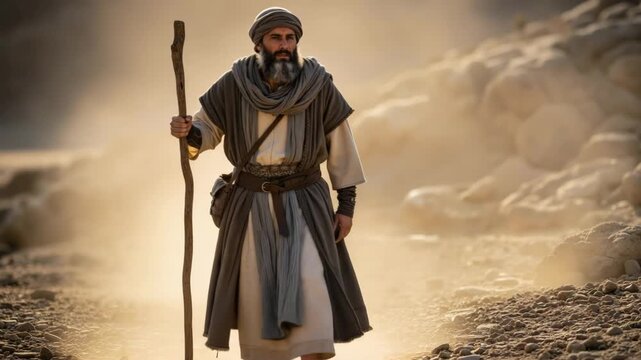 Biblical figure Moses walking through a desert with a wooden staff. Ancient prophet in traditional robes journeying across rocky terrain. Religious history concept