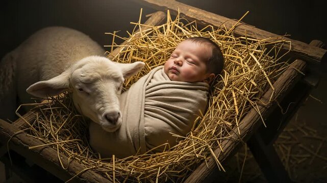 Newborn baby Jesus sleeping in a wooden manger with a lamb. Nativity scene with golden straw and warm lighting. Christian religious concept of the birth of Christ
