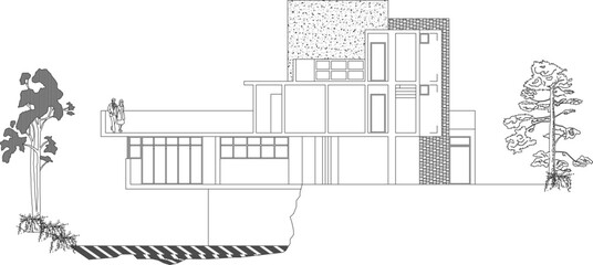 Obraz premium Description: A comprehensive architectural vector collection featuring detailed floor plans, sections, and elevations of a modern multi-level residence. The set includes spatial interior layouts, stru