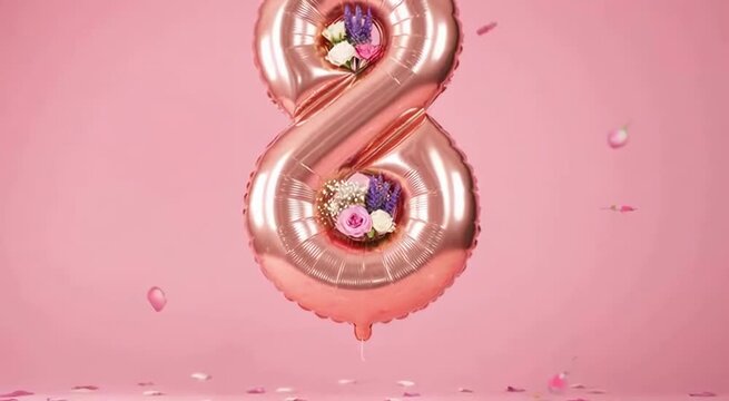 Rose gold balloon shaped like the number eight floats gracefully against a soft pink background, surrounded by scattered flower petals, showcasing a vibrant celebration theme