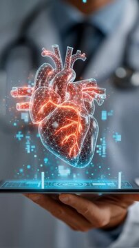3d holographic model of heart over digital tablet in clinic, glowing visualization of human internal organs using futuristic medical technology