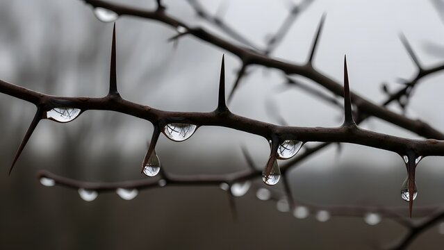 Extreme close-up of thorny branches covered in fresh raindrops on a dark, moody background.