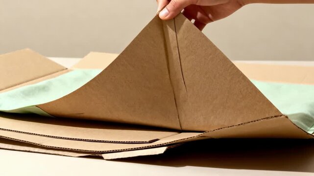 Medium shot of biodegradable HVAC packaging being carefully folded emphasizing compostable materials and waste reduction in product protection.
