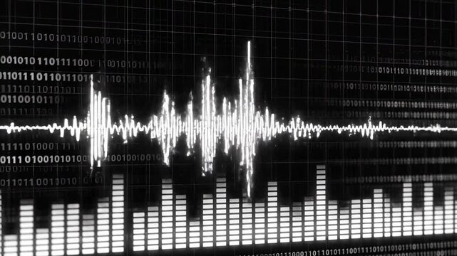 Audio waveform visualization displays dynamic sound patterns with fluctuating amplitude levels and binary code in the background, illustrating sound analysis in real-time