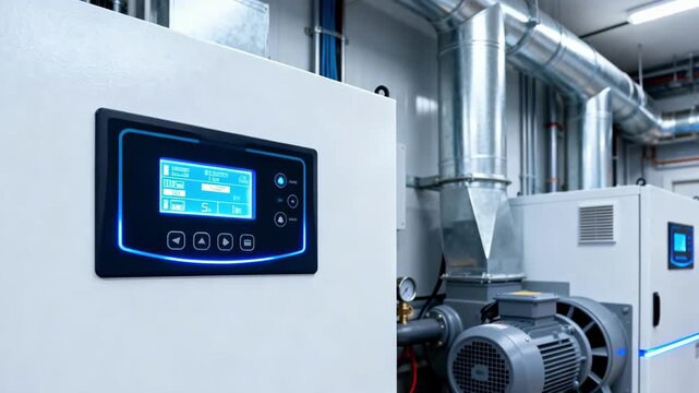 Medium shot of an electricpowered hybrid HVAC system inside a technical room focusing on advanced digital controls and energyefficient air management technology.
