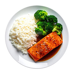 Grilled Teriyaki Salmon with White Rice and Broccoli Isolated on a Transparent Background 