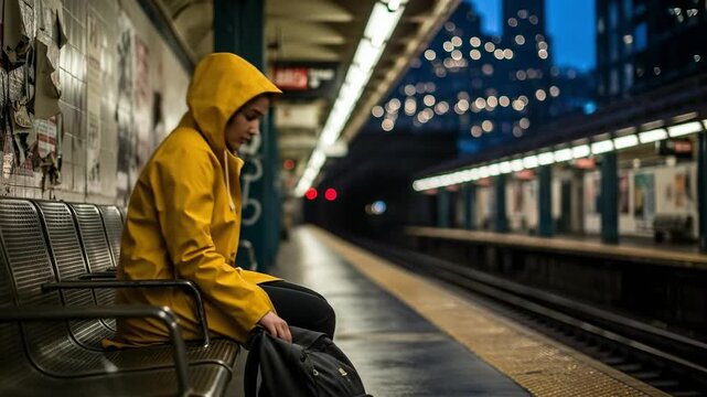 Young Adult in Yellow Raincoat Waiting at Subway Station During Evening Commute