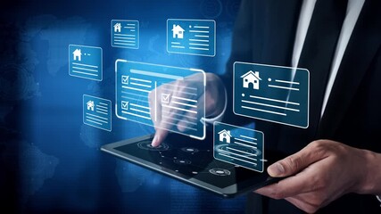 Business professional interacts with virtual interface on tablet for data management, digital innovation, and technology advancement in modern workplace Gluon.