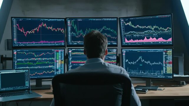 Market expert analyzing fluctuating stock market data on multiple screens to predict industryspecific financial trends and risks.