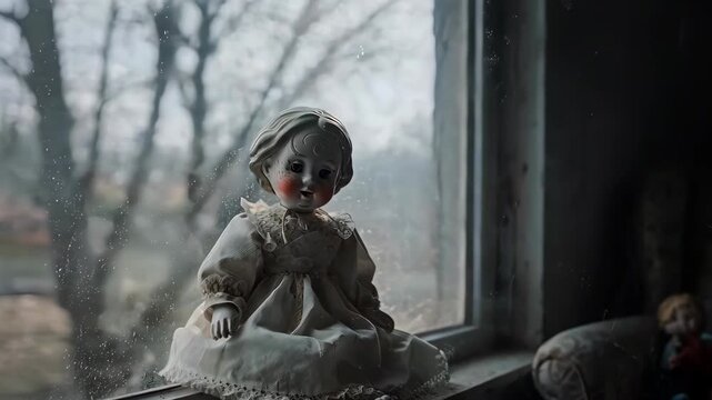 Porcelain Doll Sitting Alone by Window.