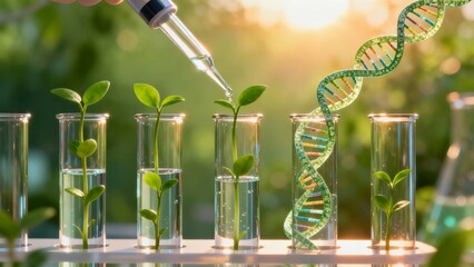 Genetic research concept with DNA helix and young plant in biotechnology laboratory, sustainable science, medical innovation and future growth background