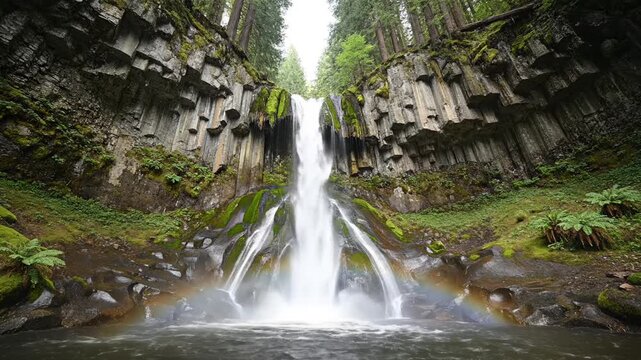 Majestic waterfall cascades down rocky cliffside surrounded by lush greenery, showcasing the continuous flow of water and vibrant natural elements in a serene landscape