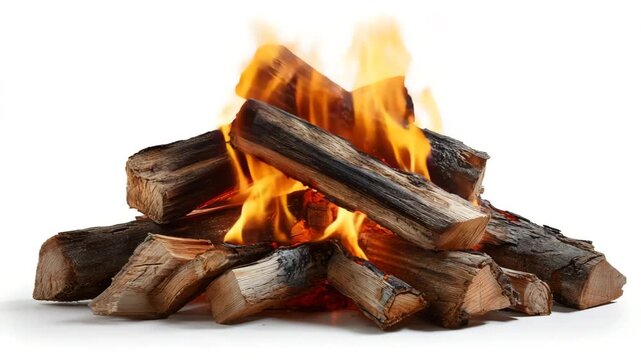 Burning firewood stacked in a pyramid formation, flames rising and flickering, showcasing the vibrant glow and texture of the logs as they ignite and burn brightly