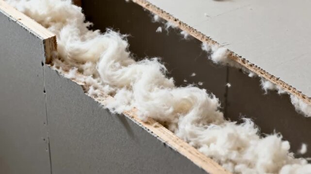 Medium shot showing blownin insulation filling irregular wall gaps demonstrating flexible application for superior air sealing and sound control.
