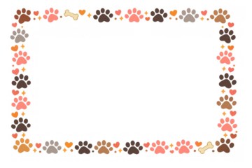 Pet paw prints border and heart frame element with dog bones for animal care, love, and veterinary concepts