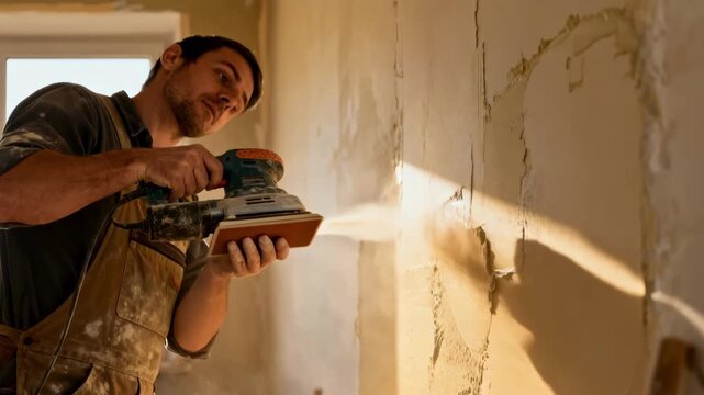 View of a DIY enthusiast sanding dried compound on repaired drywall capturing finishing touches for a smooth flawless surface.