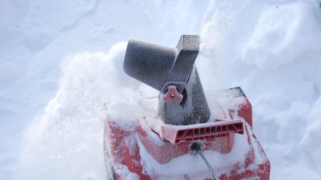 Red and gray snow blower clearing a residential driveway through deep fresh snowfall on a cold winter day, throwing snow aside to create a clean path for walking and driving