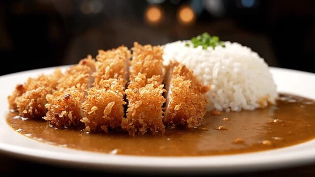 Delicious Japanese Tonkatsu Katsu Curry with rice and rich sauce, garnished with green onions.