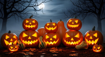 Obraz premium Glowing jack o' lanterns in a spooky autumn night