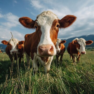 Cows grazing on lush green grass in a spacious pasture during a beautiful spring day