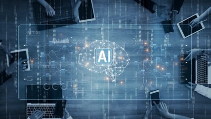 AI neural network and data processing system visualizing artificial intelligence with brain structure, chip, and connected data blocks for computation and learning Marrow - Powered by Adobe