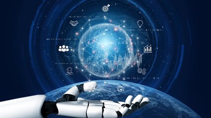 AI connecting global business network, processing data exchange, analyzing economic trends, and supporting digital infrastructure through intelligent worldwide systems. Marrow - Powered by Adobe