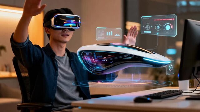 Medium shot showing a creative professional using VR to preview and adjust futuristic product designs experiencing immersive visualization and customization.