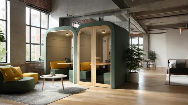 Medium shot highlighting the interior of an acoustic privacy booth with cushioned soundproof panels ideal for secure conversations and focused work in openplan environments.