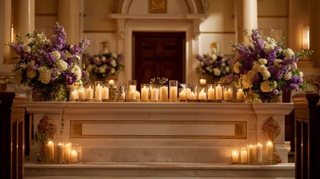Medium shot capturing a traditional altar layout adorned with glowing candles and delicate floral accents emphasizing warmth and spiritual tranquility.