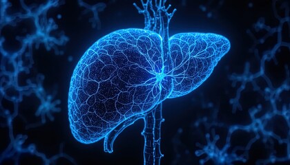 Digital representation of the human liver organ glows with intricate internal structures against a dark background