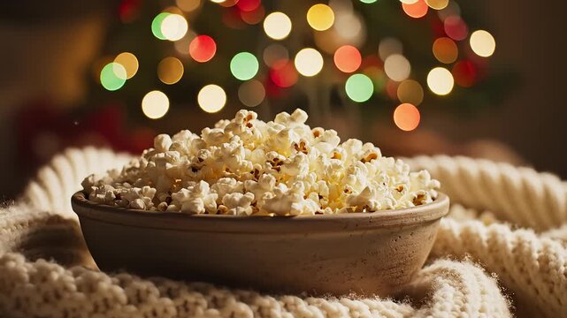 Cozy holiday evening: bowl of popcorn with festive lights in the background