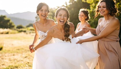 Joyful bride and bridesmaids laughing and walking outdoors. Happy young women celebrating a wedding day together in golden hour.