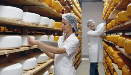 Female worker inspecting cheese wheels on wooden shelves in a dairy factory, performing quality control checks.