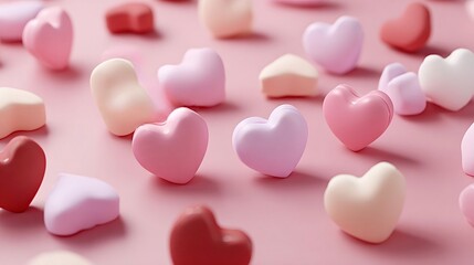 Obraz premium Pastel heart candies scattered on pink background