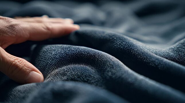 A hand touching a dark blue fabric with a soft texture and gentle folds.