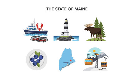 Fototapeta premium Collection of Iconic Maine Symbols and Attractions Showcasing the State's Natural Beauty, Rich Culture, and Diverse Outdoor Activities