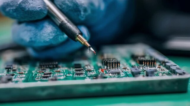 Closeup of hands repairing a protective coating on a circuit board restoring its electromagnetic interference shielding properties.