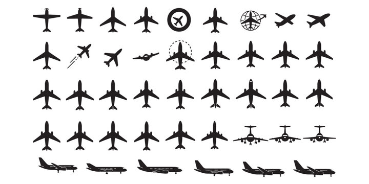 Mega collection of airplane silhouettes and aviation icons, set of commercial jet, private plane, and flight symbols in top, side, and front view for travel and logistics design.