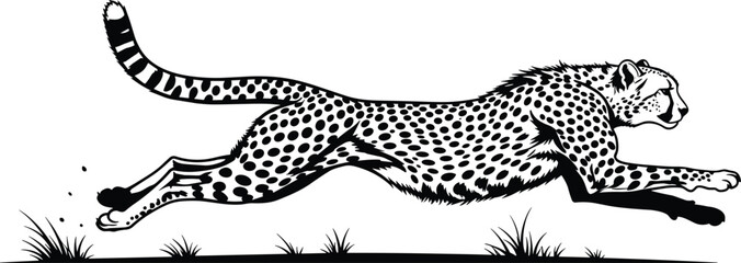Running cheetah silhouette illustration capturing speed and agility, dynamic wildlife predator design symbolizing power, motion, freedom, and natural hunting instinct © Su Joy Creatives