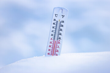 thermometer showing freezing temperature in winter