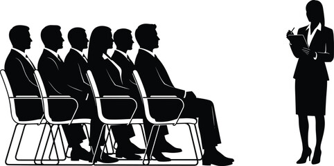 Business presentation silhouette illustration showing professional speaker conducting corporate training seminar or interview session with seated audience