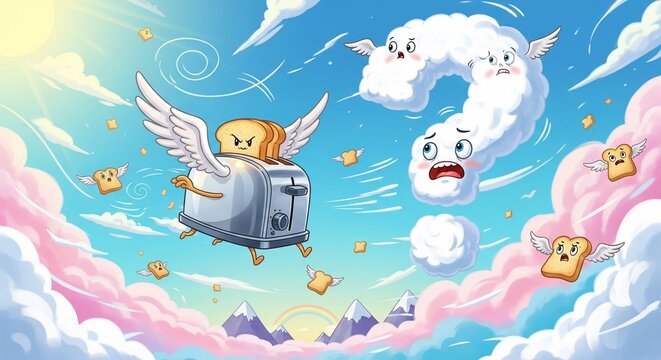 Flying Toaster. A cartoon scene of a silver toaster with wings flying through a sky filled with clouds shaped like question marks and small pieces of flying toast