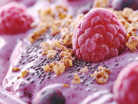 A vibrant smoothie with a mix of raspberries, blueberries, and granola. Perfect for a healthy breakfast or snack.