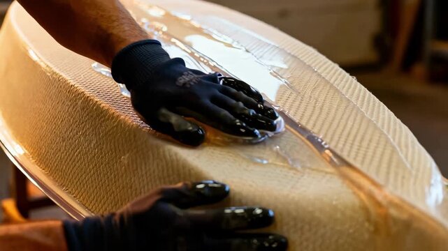 Closeup of a craftsman applying epoxy resin to a fiberglass hull mold highlighting smooth layering and precision in boat construction.